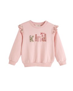 Gebürstetes Sweatshirt, Text und Rüschenärmel, 2–6 Jahre, JGI66785
