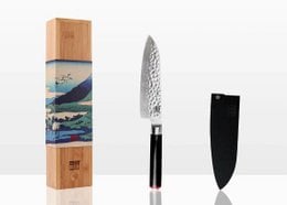 Santoku knife with 180 mm blade, bamboo saya, and bamboo box. Made of high-quality materials for precise cutting.