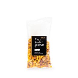 "Assorted nuts mix in a clear plastic bag, featuring a black and white label that says 'Where is that party? Here!'"

The image shows a clear plastic bag containing an assortment of nuts, including what appears to be peanuts, almonds, and other types of nuts. The bag has a black and white label that says "Where is that party? Here!" indicating that this is a nut mix product.