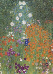Vibrant floral garden painting with a variety of colorful blooms including daisies, poppies, and other wildflowers.