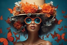 Woman with blue sunglasses, orange and red autumn leaves, surreal artistic portrait painting, blue background.
