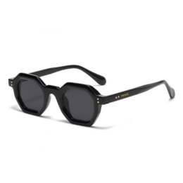 Black, angular sunglasses with a modern, geometric frame design.