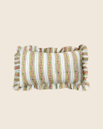 Rectangular cushion with sage green and white striped pattern, featuring tasseled edges.