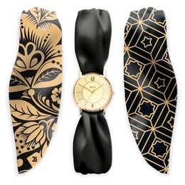 A gold-toned watch with a black and gold patterned strap. The watch face features a simple, minimalist design with gold-toned hands and hour markers.