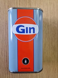  A blue and orange tin can containing 50cl of 37.5% alcohol content gin from the Gulf brand.