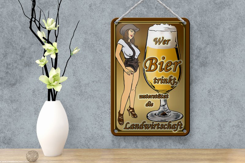 Tin sign Pinup 12x18cm who drinks beer supports country decoration