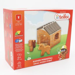  A wooden construction toy set with a stable and horse figurine. The set includes 50 pieces and is suitable for ages 5 and up.