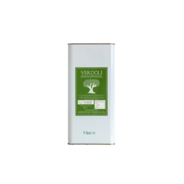 A 5-liter tin of VERDOLI' EVO OIL, a high-quality extra virgin olive oil. The oil has a vibrant green color and a rich, fruity aroma, making it ideal for cooking and dressings.