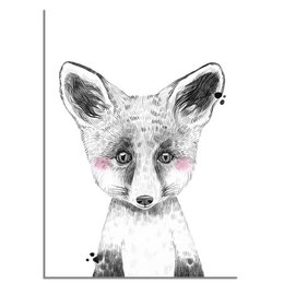 A black and white poster featuring a cute, illustrated fox with pink accents. The poster is suitable for children's rooms or nurseries, and would complement a nature or woodland-themed decor.