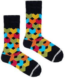 Colorful patterned socks with a geometric diamond design in various bright hues including yellow, blue, red, and green.