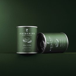 Mint lemon flavored pistachios in a 50g mini tin. Covered nuts with a fresh, citrusy taste.