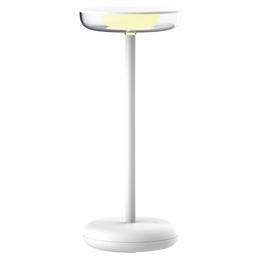 White round tall table lamp, minimalist modern design, warm light, pedestal base, contemporary style