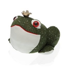 A green frog-shaped decorative doorstop with a red heart-shaped accent and a crown on its head.