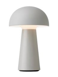 A tall, cylindrical table lamp with a rounded, dome-shaped shade in a light gray color.