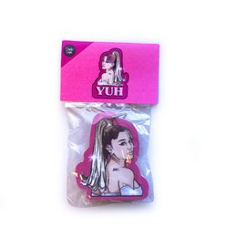 Yuh Keychain, a fashionable accessory featuring a stylized image of a young woman with long dark hair.
