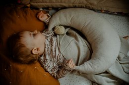  Organic muslin nursing pillow with golden dots, handcrafted pompom, cream colored, breastfeeding support pillow.