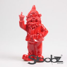  Red ceramic garden gnome statue with a rude hand gesture, designed by Stoobz.