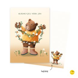 wenskaart bloemenkransje beer