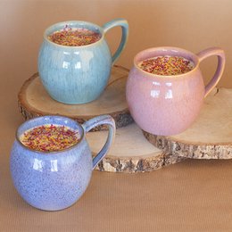  Barrel-shaped cappuccino mug, ceramic, round wide body, available in oyster, green, pink, lilac colors, handle design