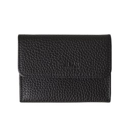 Compact black leather business card case with multiple color variants available.