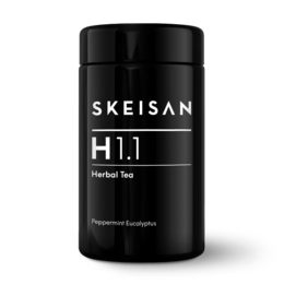 Herbal tea blend with peppermint and eucalyptus flavors, packaged in a black container labeled "SKEISAN H11".