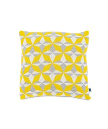Decorative cushion cover with a geometric yellow and white pattern, made of cotton.