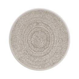  A round, beige-colored area rug with a tribal, ethnic-inspired pattern. The rug appears to be made of natural fibers and is suitable for indoor or outdoor use.