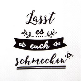  "Lunch napkins with a decorative text design featuring the phrase 'Lasst es euch schmecken' which means 'Enjoy your meal' in German."

The image shows a set of decorative lunch napkins with a hand-lettered text design. The main text reads "Lasst es euch schmecken" which translates to "Enjoy your meal" in English. The text is stylized with flourishes and decorative elements like leaves or branches around it. This design would be suitable for a casual, rustic or homemade style of lunch napkins, conveying a warm and welcoming sentiment.