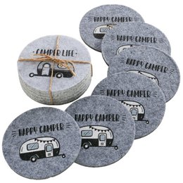  Gray felt coasters set with vintage camper van illustrations, round shape, happy camper text design