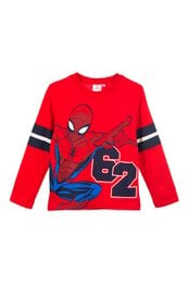 Red long-sleeved t-shirt with Spiderman graphic and number 2 design, officially licensed product.