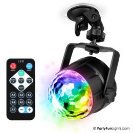 Colorful disco ball party light with 11 light effects, USB powered, includes remote control, and suction cup for easy mounting.