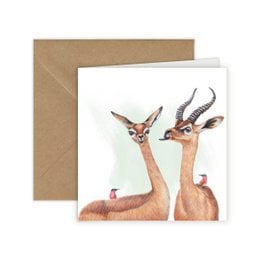 "Gerenuk, Giraffe Gazelle - Greeting Card, 13 x 13 cm"
The image shows two gerenuk gazelles, a type of long-necked antelope, with their distinctive horns and markings. The greeting card features a detailed illustration of these unique African animals in a natural setting. The card would be suitable for nature enthusiasts, wildlife lovers, or anyone interested in the diverse fauna of the African continent.