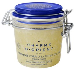 Alum stone body scrub in various scents including amber, fruit, rose, orange blossom, fig & date, and green tea.
