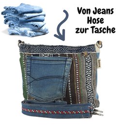 Sunsa Bæredygtig Skuldertaske til kvinder. Skuldertaske lavet af genbrugte jeans og bomuld. Håndtaske vintage retro stil. Crossbody taske til kvinder.