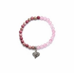 Beaded bracelet made with 6mm rose quartz and rhodochrosite beads, featuring a mix of natural gemstones in shades of pink and purple.