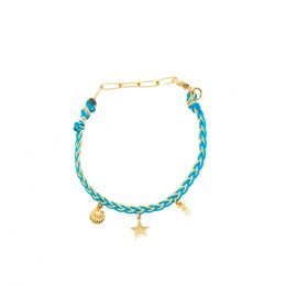  A two-tone surfer bracelet with a braided cord in various vibrant colors, featuring gold-tone charms and beads.