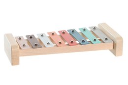 Wooden xylophone with 8 colorful metal keys, suitable for children's musical play and learning.