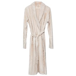 A medium-length, soft and plush bathrobe in a variety of pastel colors including misty rose, rosewood, apricot blush, sea blue, white, marin, daisy white, silky lilac, savannah sand, whisper green, honey yellow, moon blue, feather grey, riviera blue, and jungle green. The robe features a shawl collar, long sleeves, and a self-tie belt for a comfortable and cozy fit.