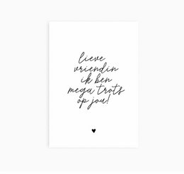 A6 postcard with the text "Leave whenever you have more love to give" in a handwritten style font. The postcard has a simple, minimalist design with a heart symbol at the bottom.