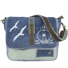 A large, denim-based crossbody bag with a vintage maritime style, featuring seagull graphics, a courier shape, and a recycled canvas construction.