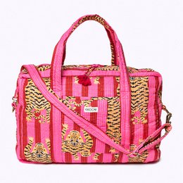  Large pink and gold striped travel bag with tiger print and "LOVE" text. Durable weekend bag with adjustable shoulder strap.