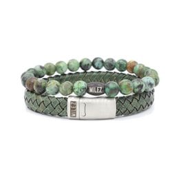 Black leather men's bracelet with woven texture and black metal closure.