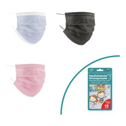  Medical mouth-nose mask, mini, for children, 3-layer, 10 in the bag made of polyester in gray, pink, and blue colors. 3-fold design.
