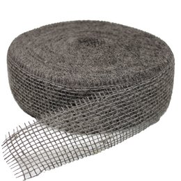 Taupe-colored jute ribbon, 50mm wide and 40m long, suitable for various craft and decorative applications.