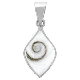 A silver-toned pendant featuring a spiral shell design in the center, set against a teardrop-shaped frame.