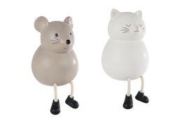  A ceramic figurine of a gray mouse and a white cat, both with simple, rounded shapes and minimal details. The mouse has a round body, small ears, and black feet, while the cat has a round body, pointed ears, and black feet.