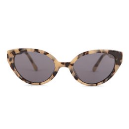 Tortoiseshell-patterned cat-eye sunglasses with dark lenses.