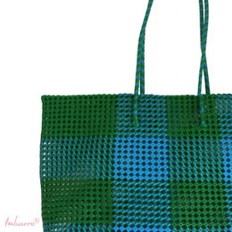  Green and blue checkered shopping bag with textured woven pattern and sturdy handles
