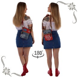 Domelo traditionele tas dames schoudertas. Dirndl schoudertas gemaakt van upcycled jeans en canvas en leer. Handtas in traditionele stijl met hartjesprint. Crossbodytas voor dames als Oktoberfest-accessoire.