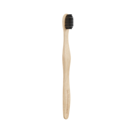 Sustainable bamboo toothbrush with soft bristles, available in white and black colors.